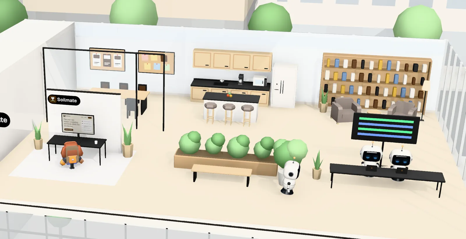 Soilmate’s office on floor 1 of Tower 1: the owner’s desk with the website on screen, the agents’ bench, a meeting room and a library